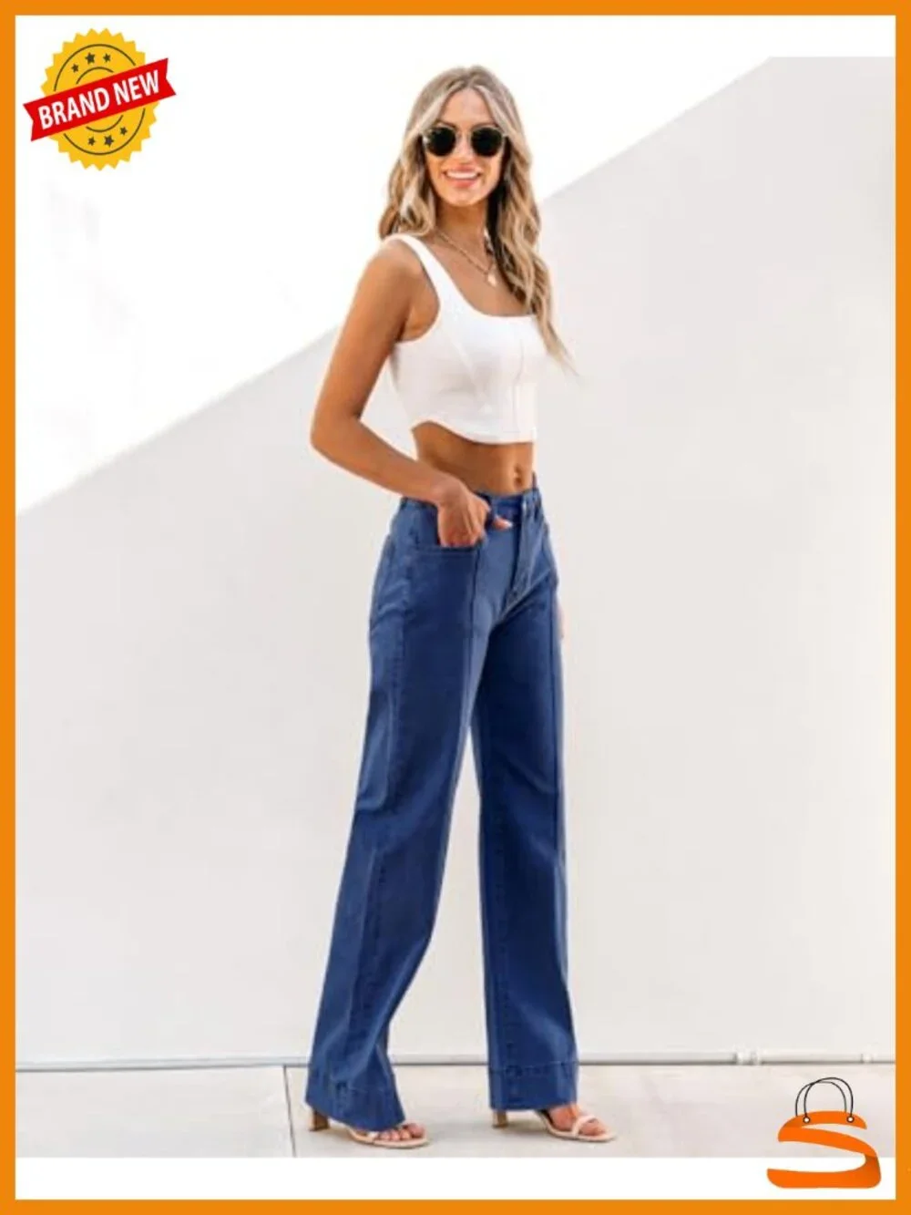 High Rise Wide Leg Stretchy Baggy Jeans with Front Seam